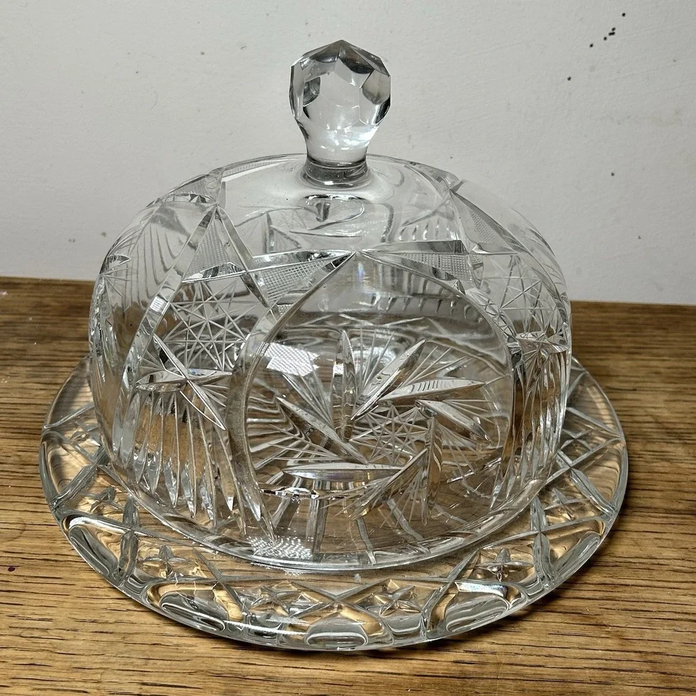 Vintage Crystal Cheese Dome Butter Dome Cake Dish‎ Plate Glass Heavy